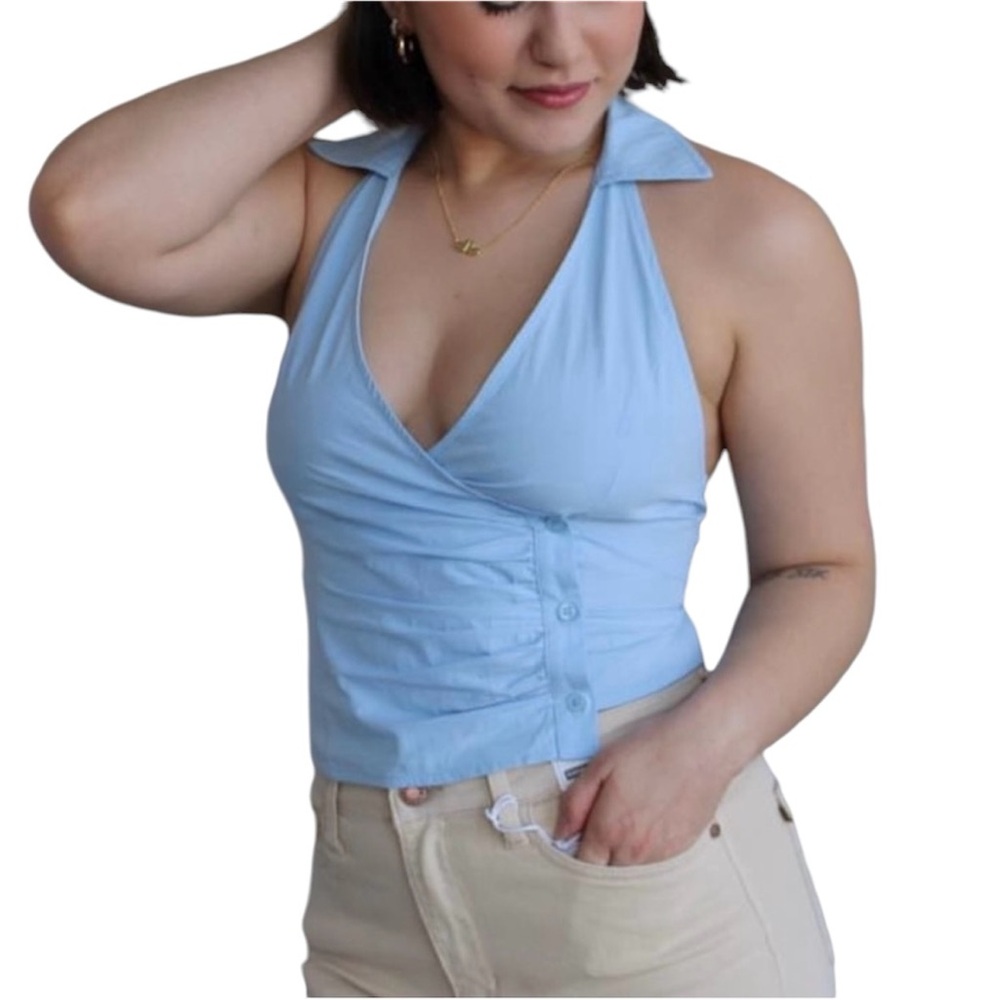 APRICOT LANE LIGHT BLUE HALTER NECK BUTTON DOWN WOMENS